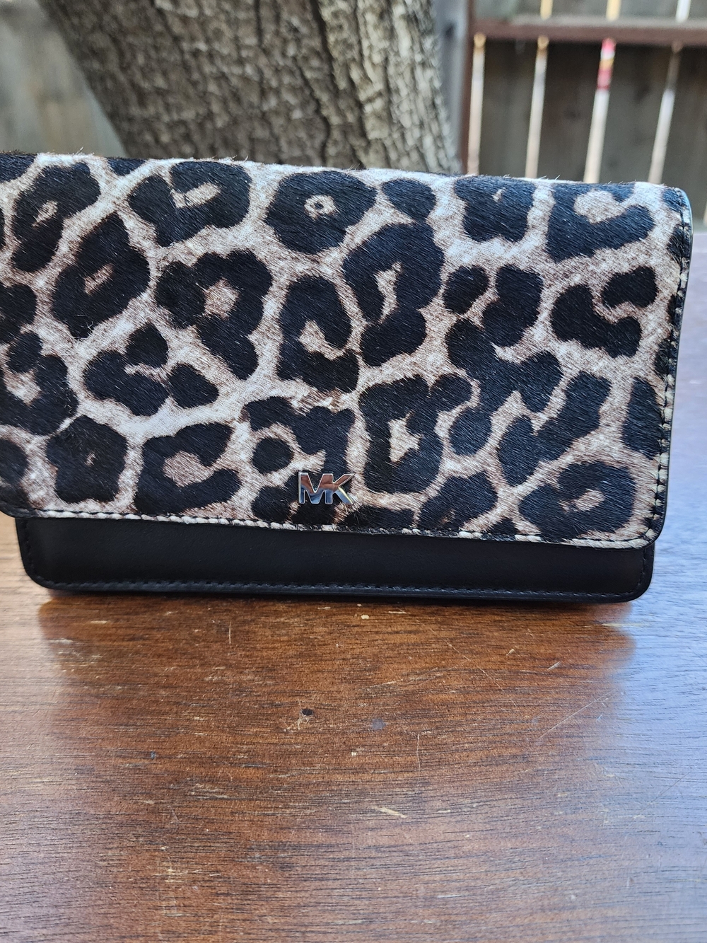 Michael Kors Black Leopard Print Calf Hair Crossbody Clutch Bag MK